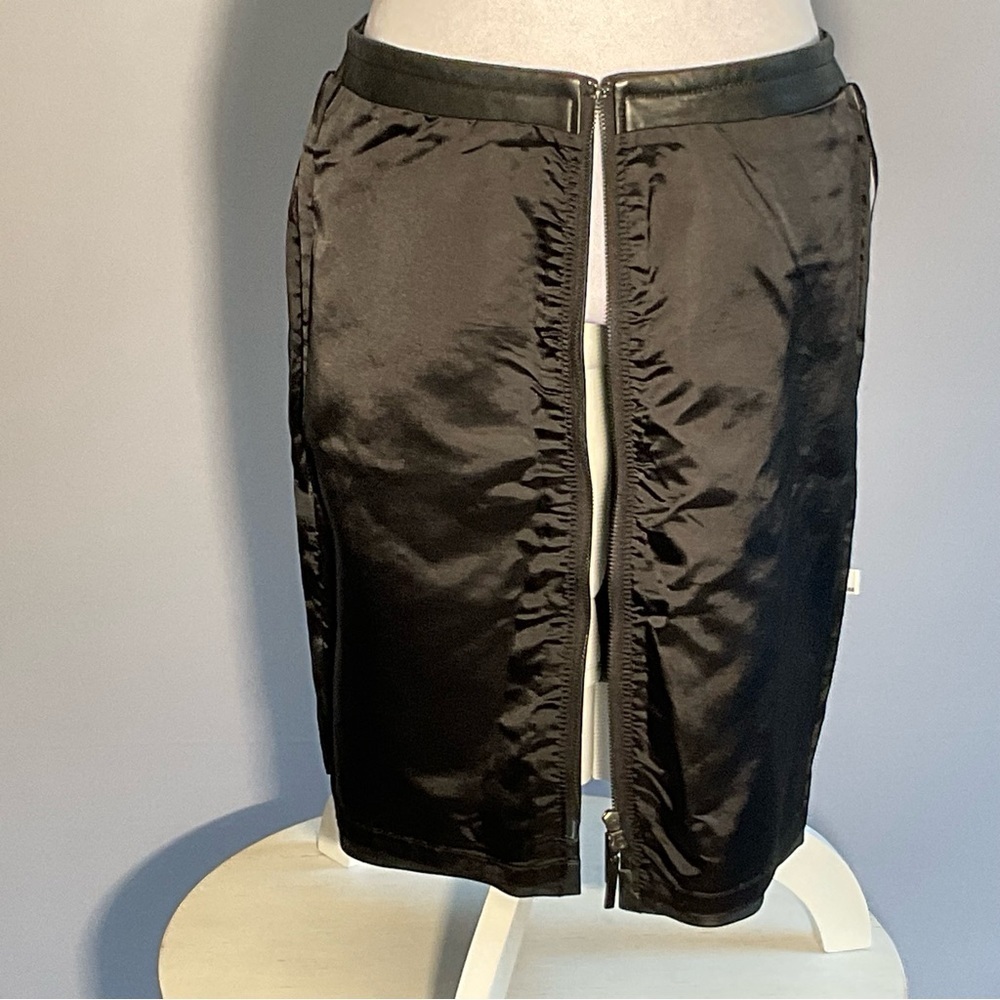 Express Genuine Leather Skirt 7/8 Black Midi Zip Front 2-Way Zipper - Picture 14 of 16